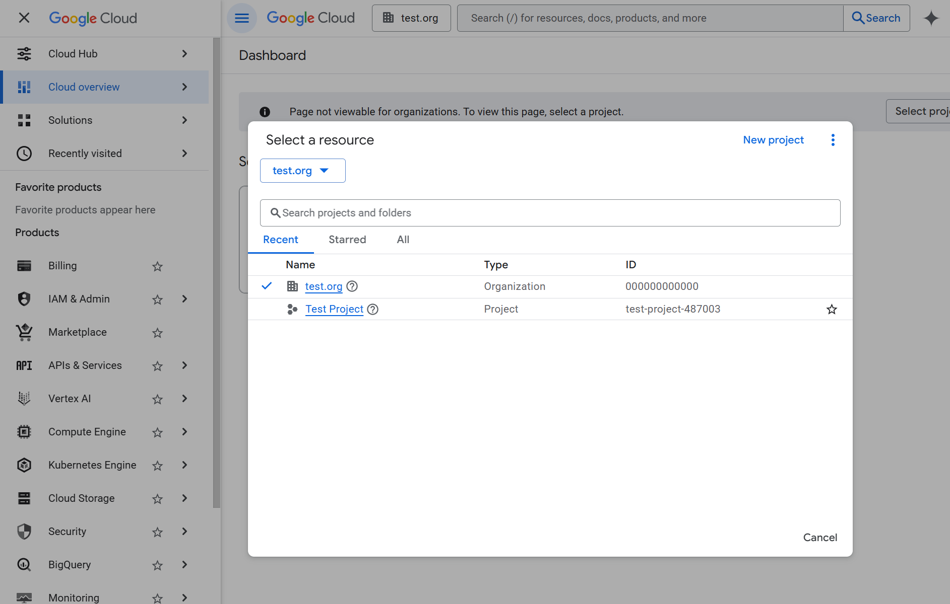 Google Cloud project selector