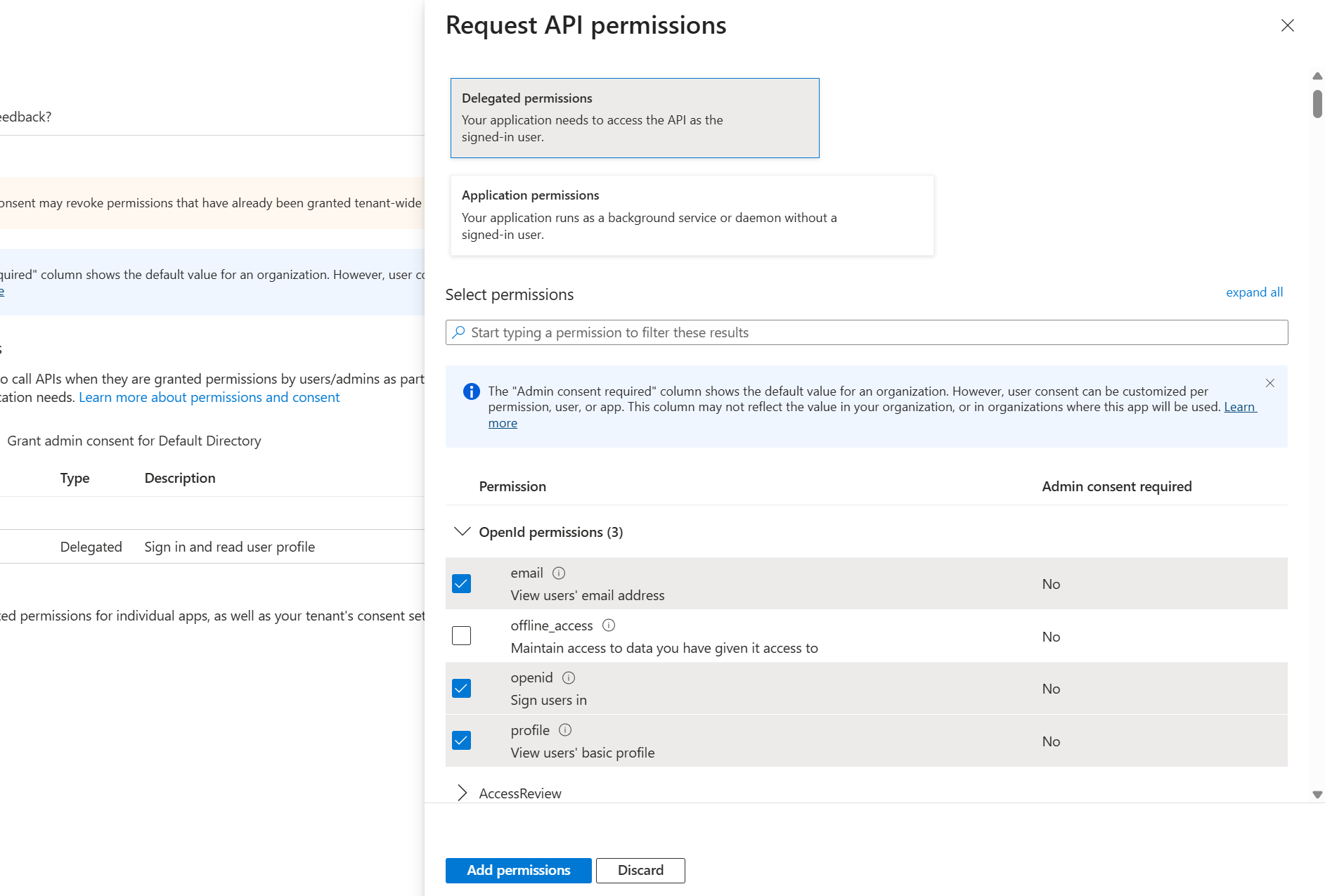 API permissions configuration