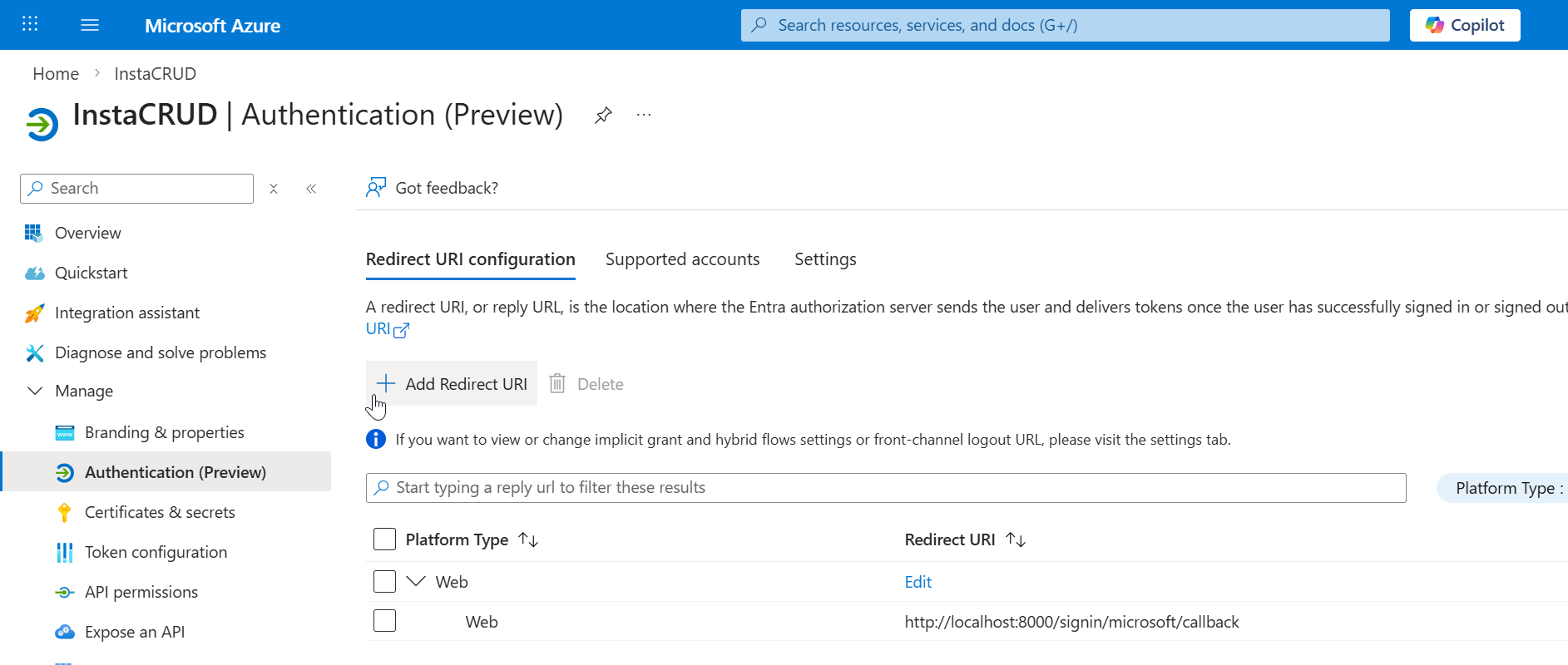Redirect URI configuration